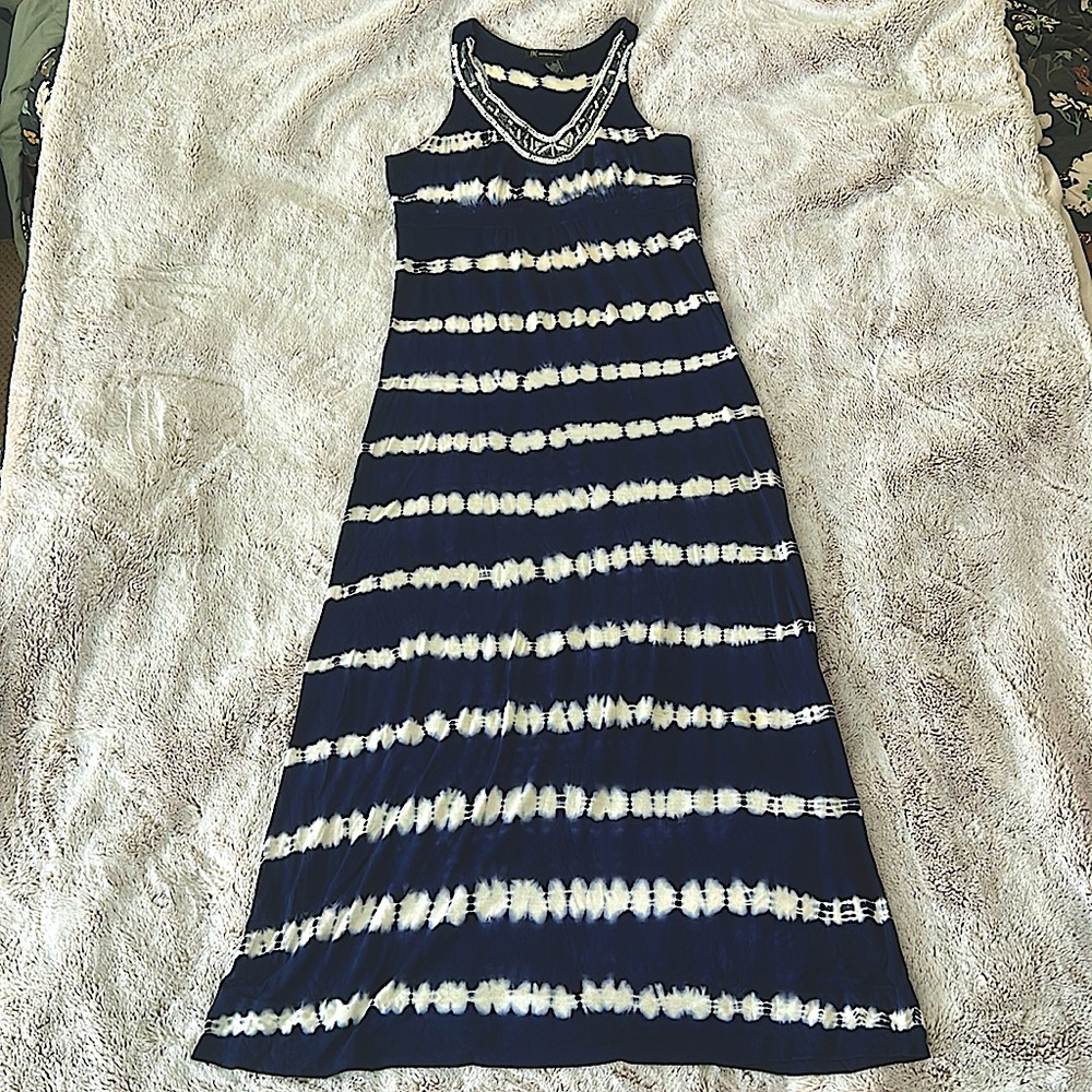 INC navy and white embellished maxi